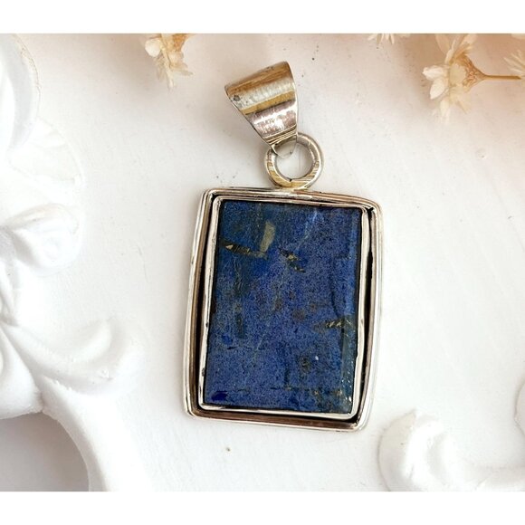 Lapis Lazuli Minimalist Gemstone Bezel Set Sterling Silver 925 Vintage Pendant - Picture 1 of 9
